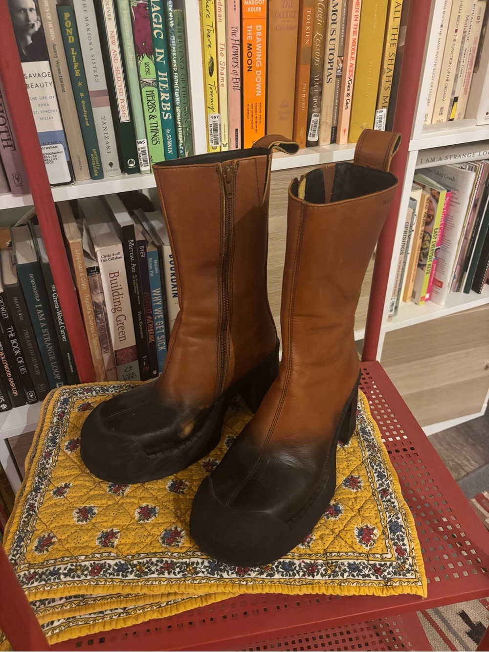 Miista Two-Tone Brown and Dark Brown Leather Mid-Calf Heeled Boots